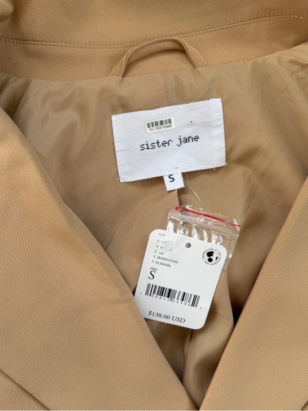 Sister Jane NWT Beige Harlow Double-Breasted Blazer w/ Brass Pearl Buttons $138 - Picture 6 of 11